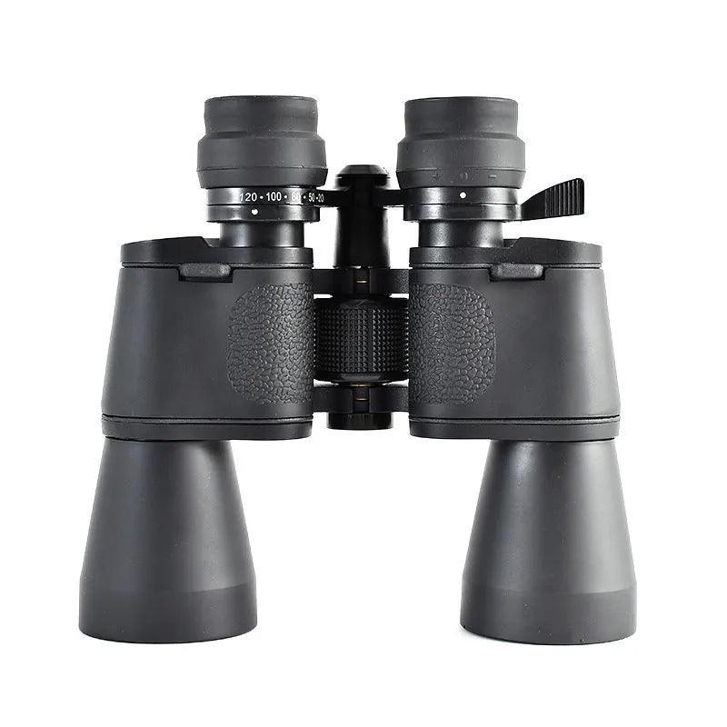 A set of black outdoor telescope binoculars with large objective lenses, shown with a continuous zoom ring on the central bridge.
