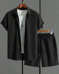 Men's black and white Jacquard short sleeve suit set with matching shorts on hanger