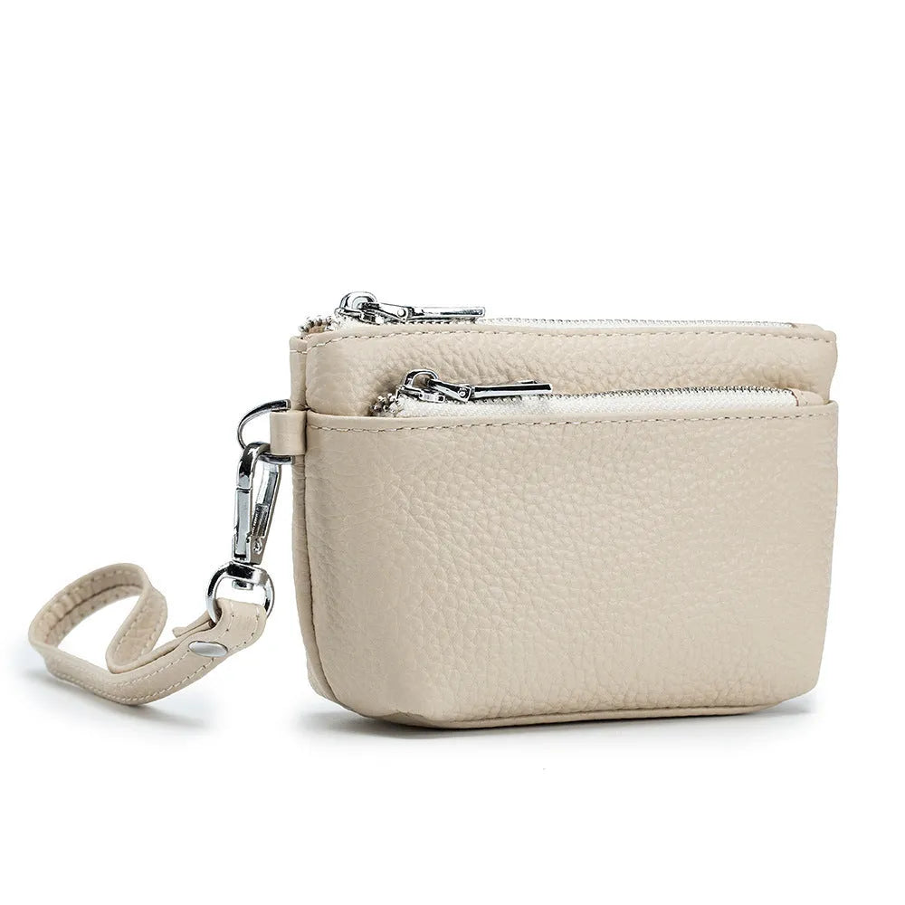 Women's small genuine leather wallet in solid colour with sewing thread detail, retro style, eight colour options available