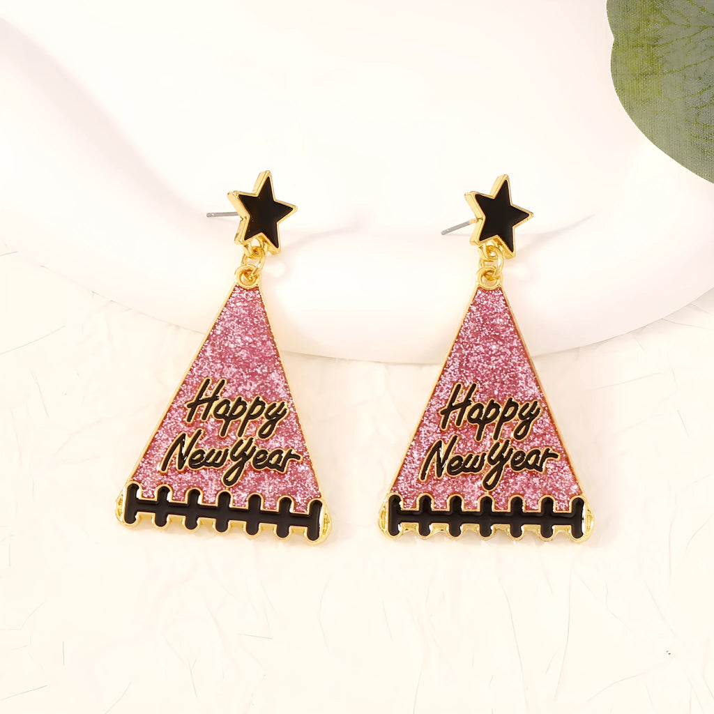 New Year tree girl earrings in zinc alloy, five colour options including pink, green, gray, yellow, red