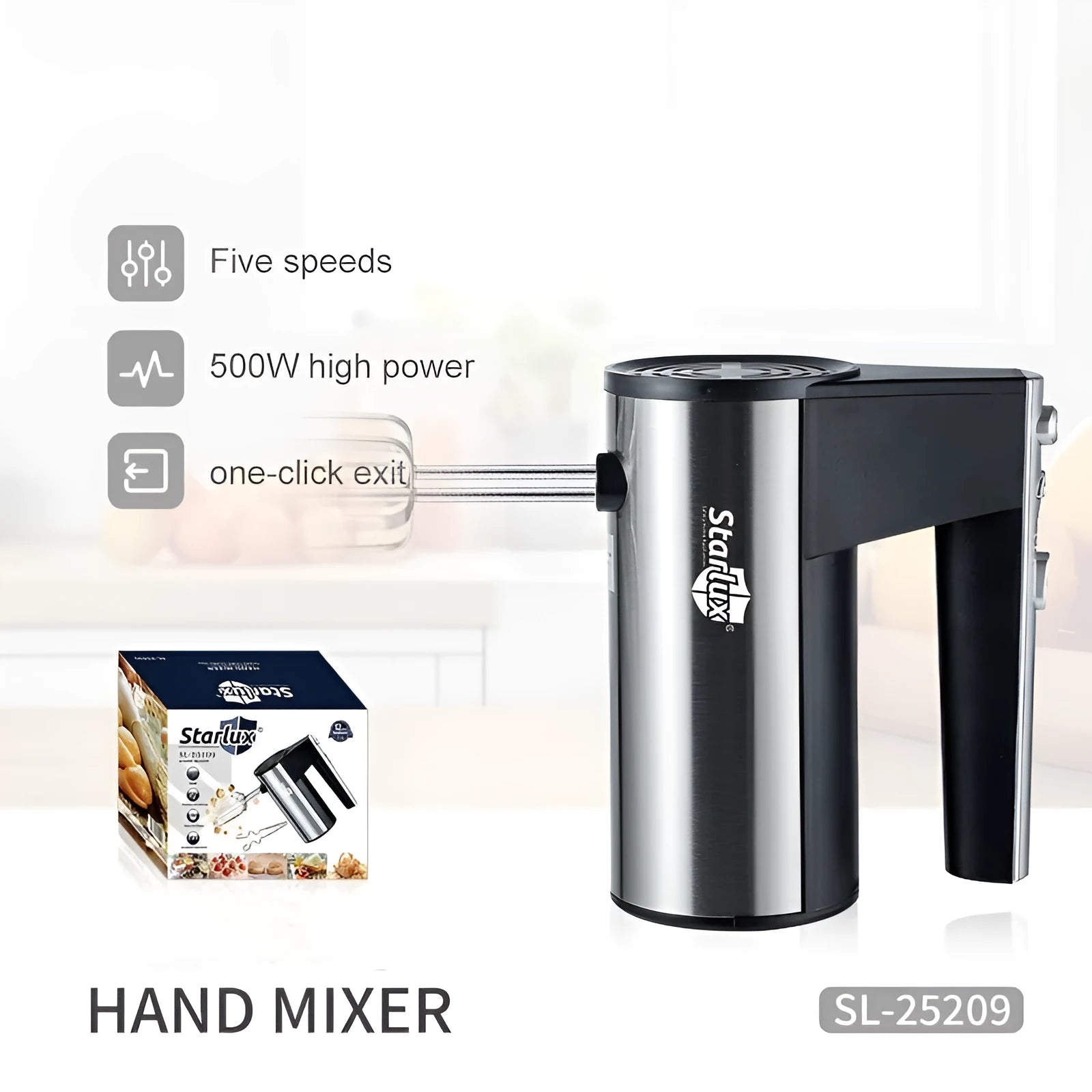 SL 25209 electric hand-held whisk with mixing attachments on white background