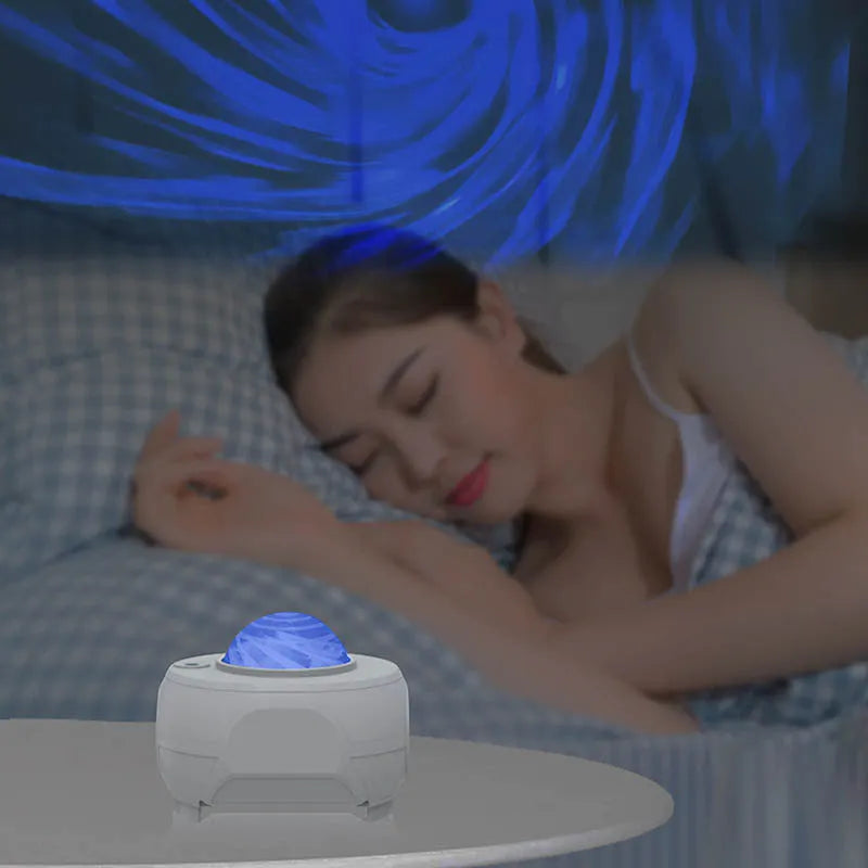 Swirl moon full star laser atmosphere lamp with white light and remote control, ABS shade, compact 93x85x74mm size