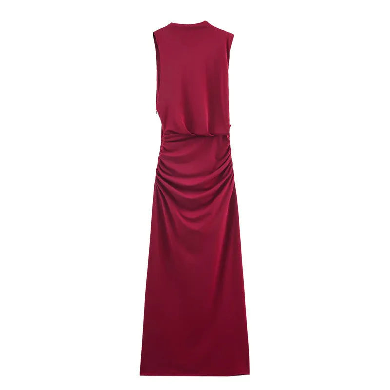 Women's red cotton pleated long dress with asymmetric skirt and stripe pattern on model
