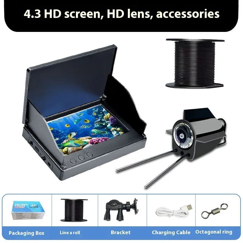 Underwater fish finder camera with 4.3-inch display screen and separate camera unit on a long cable.