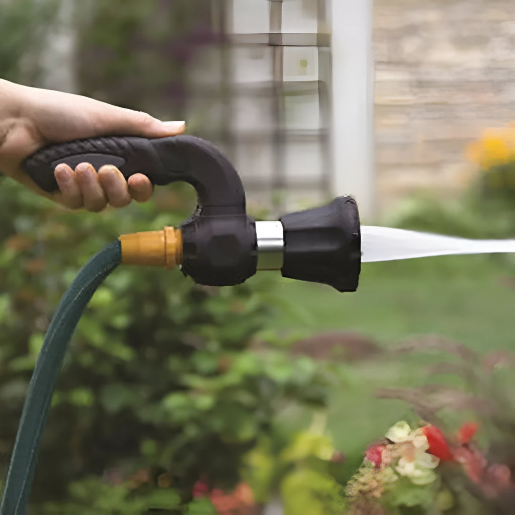 Mighty Power Hose Blaster Nozzle, black, with ergonomic handle and spray settings, for garden and car washing