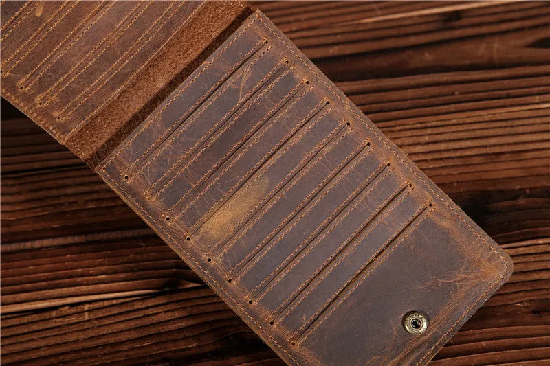 Men's slim leather card wallet in first-layer cowhide with 18 card slots, a money compartment, and a mobile phone slot.