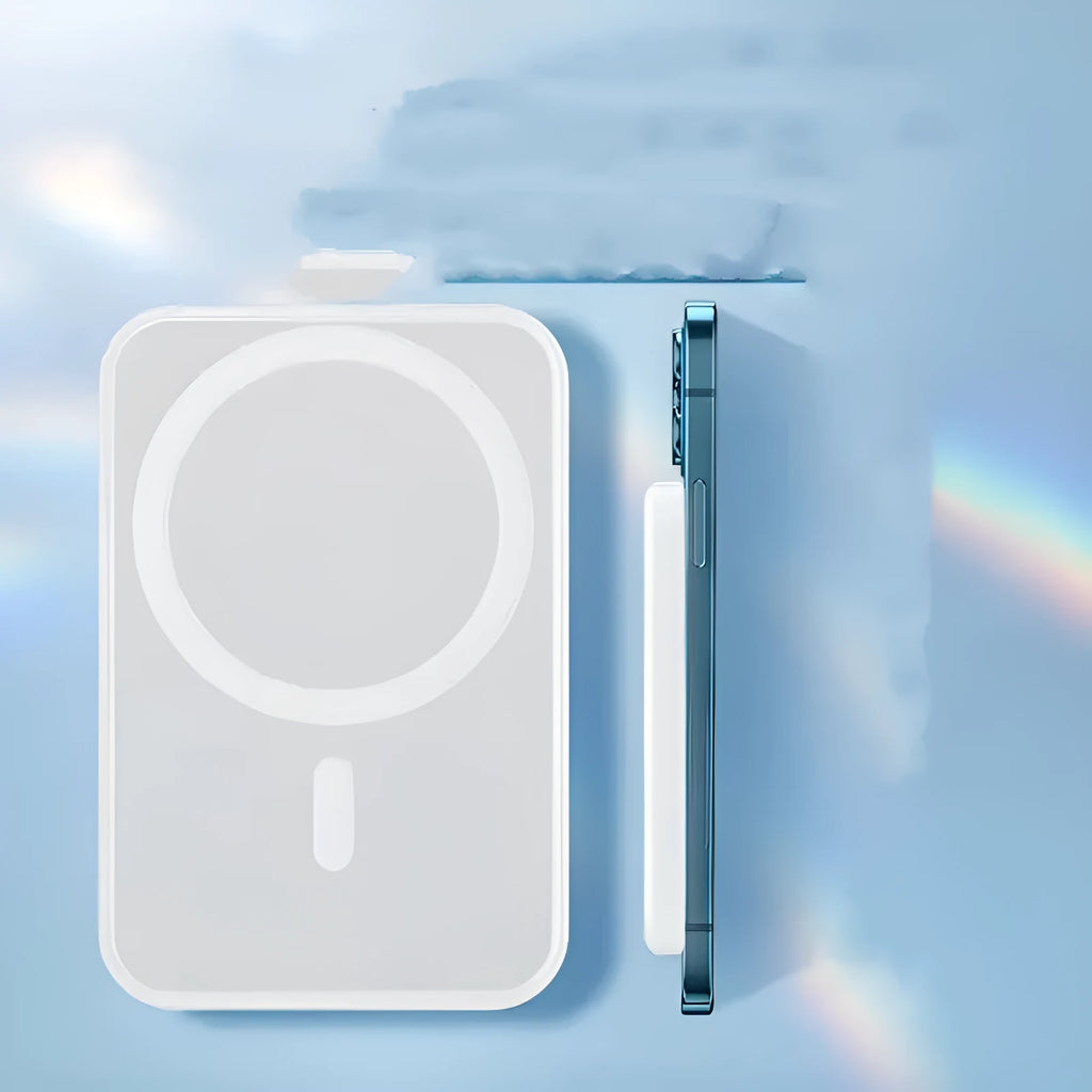 White magnetic wireless power bank showing compact 100x65x16mm dimensions with wireless charging surface