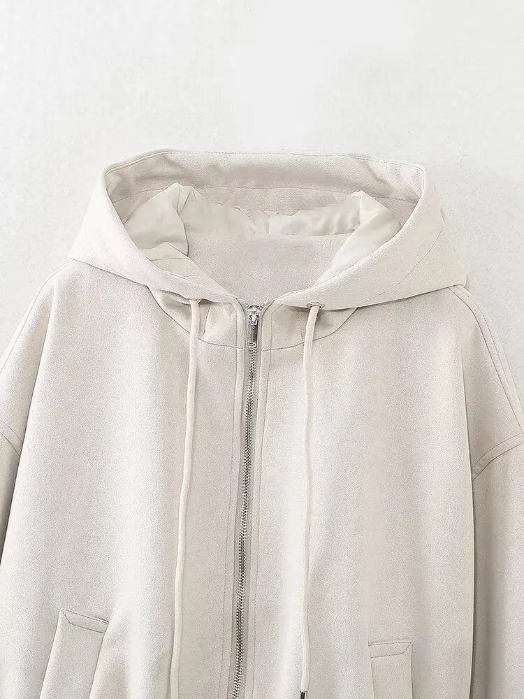 Women's casual suede hooded jacket in black or white colour options