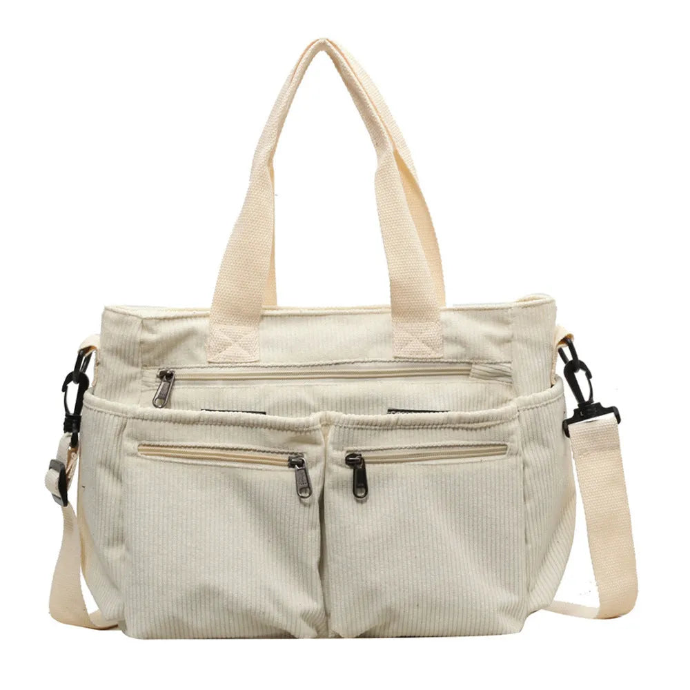 Large capacity women's simple shoulder messenger bag in soft corduroy, horizontal square shape, beige colour, 37x25x14cm