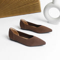 Women's apricot knit flat pumps with pointed toe and oversleeves design on a rubber sole.
