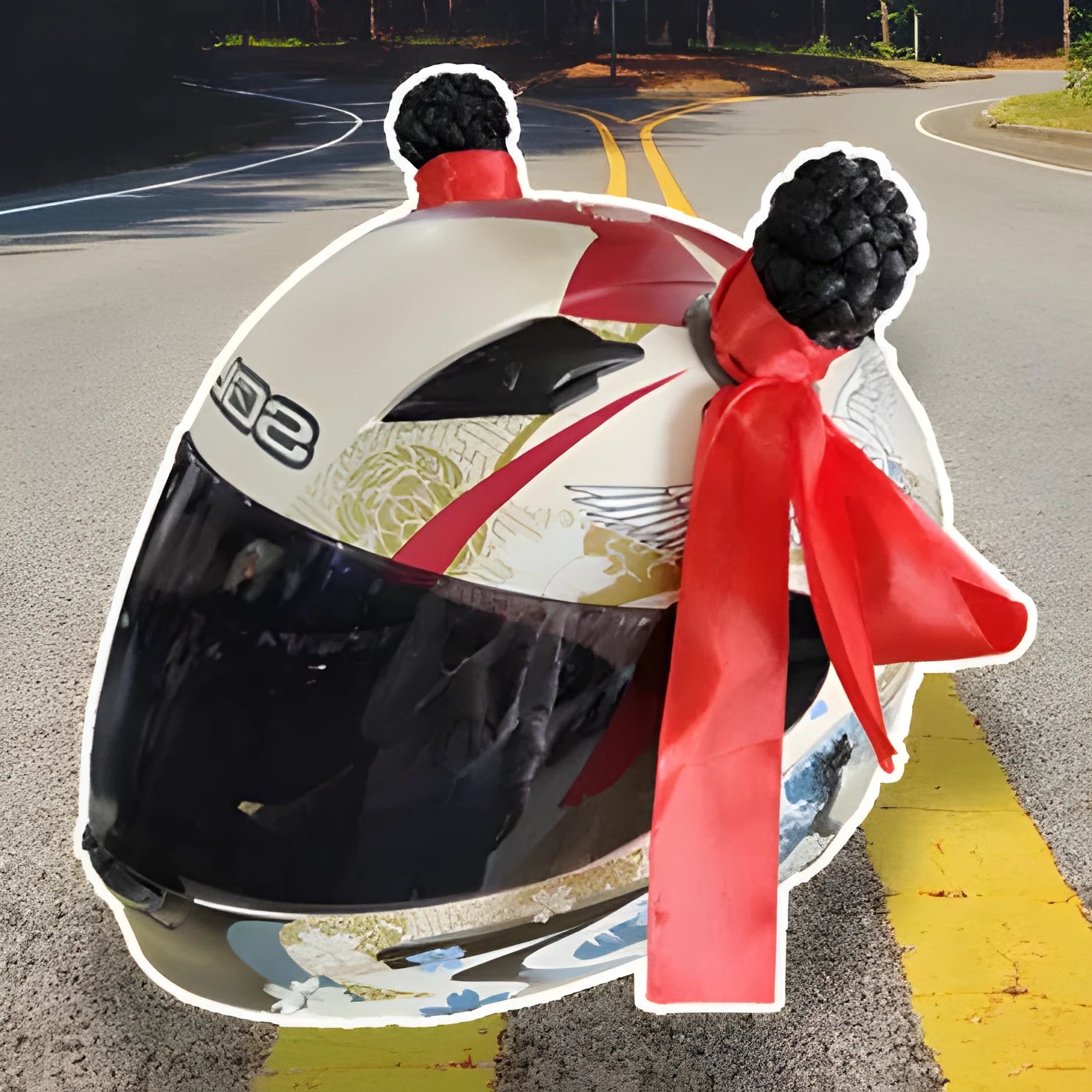 Pair of 8cm tall braided helmet decorations with non-marking adhesive, shown in multiple colour options.
