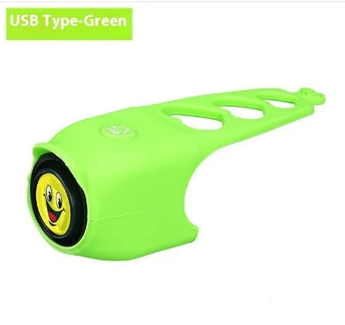 Electronic bicycle horn with plastic housing in six colour options showing compact dimensions for handlebar mounting