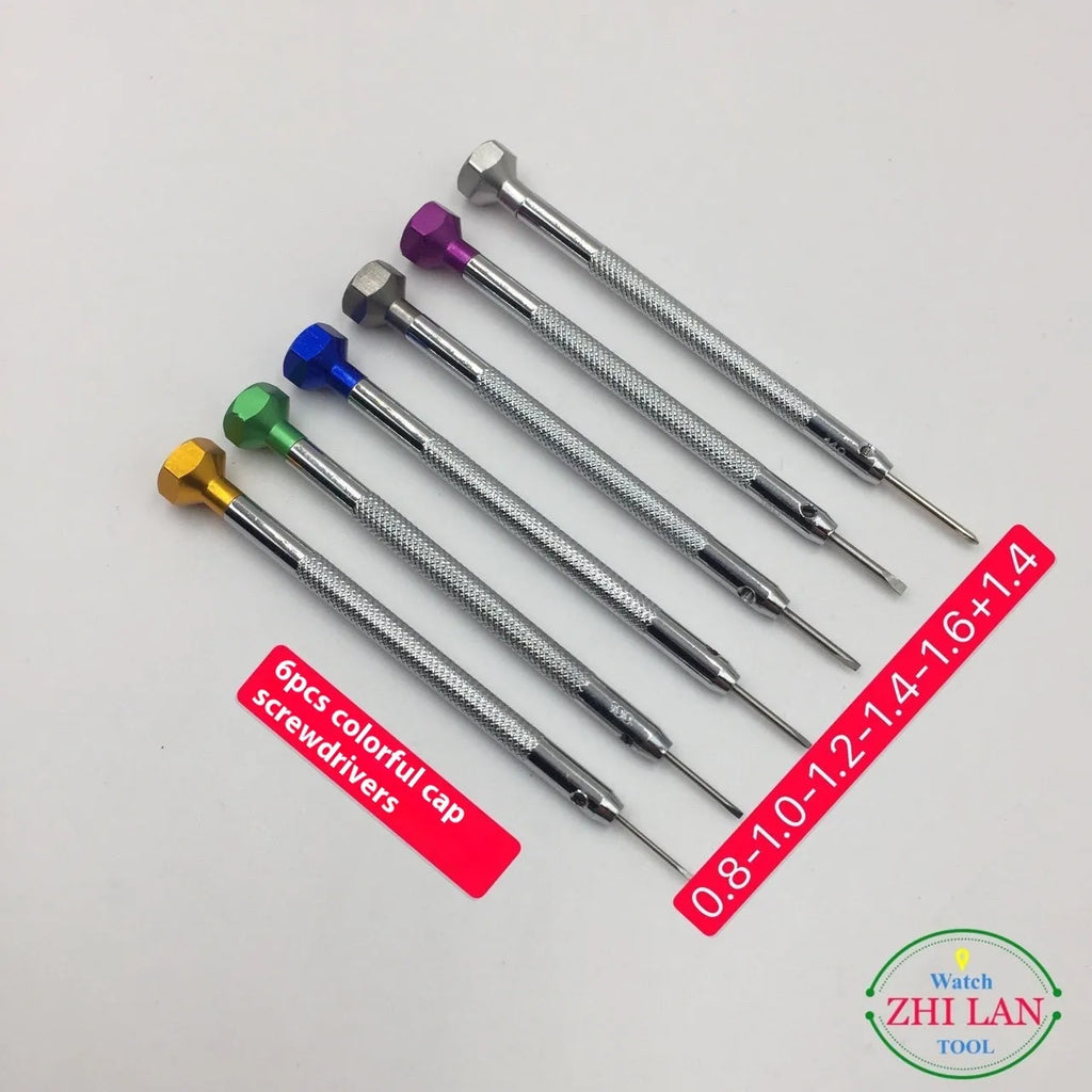 6 colour-coded watch repair screwdrivers with aluminium handles and spring steel cutter heads
