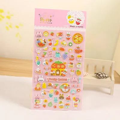Pack of colourful 3D bubble stickers showing raised cartoon designs of an alpaca, cat, dinosaur, and sweetheart motifs.