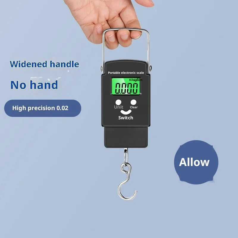 Mini handheld electronic scale with 50kg capacity and blue backlight option for luggage and shopping
