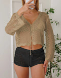 Short apricot women's cardigan blouse with bell sleeves and hollow woven texture.