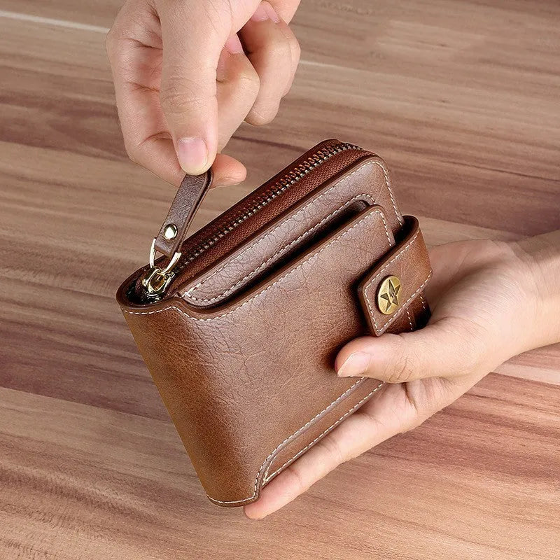 Men's short style two-fold bifold PU leather wallet in light brown, black, and dark brown colours