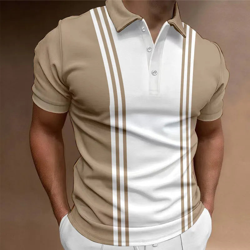 Men's blue casual t-shirt with a three-button lapel collar and short sleeves on a grey background.