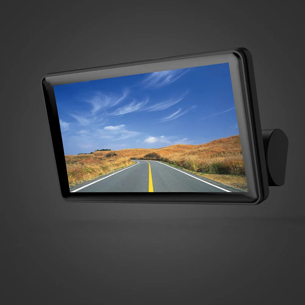 Three lens car dashcam with 4-inch touch screen display showing front, rear and interior camera views