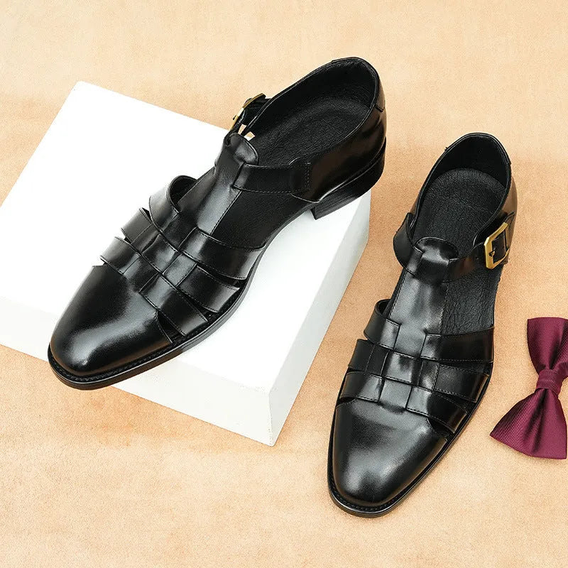 Men's leather sandals in black and brown with rubber sole, sizes 37-46