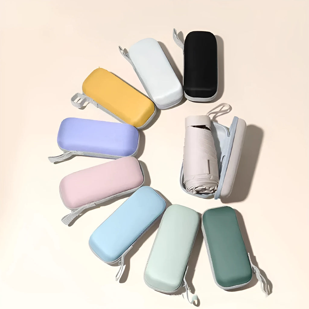 Ultra-light six-fold flat capsule sun protection umbrella in sky blue with manual open mode and rubber handle.