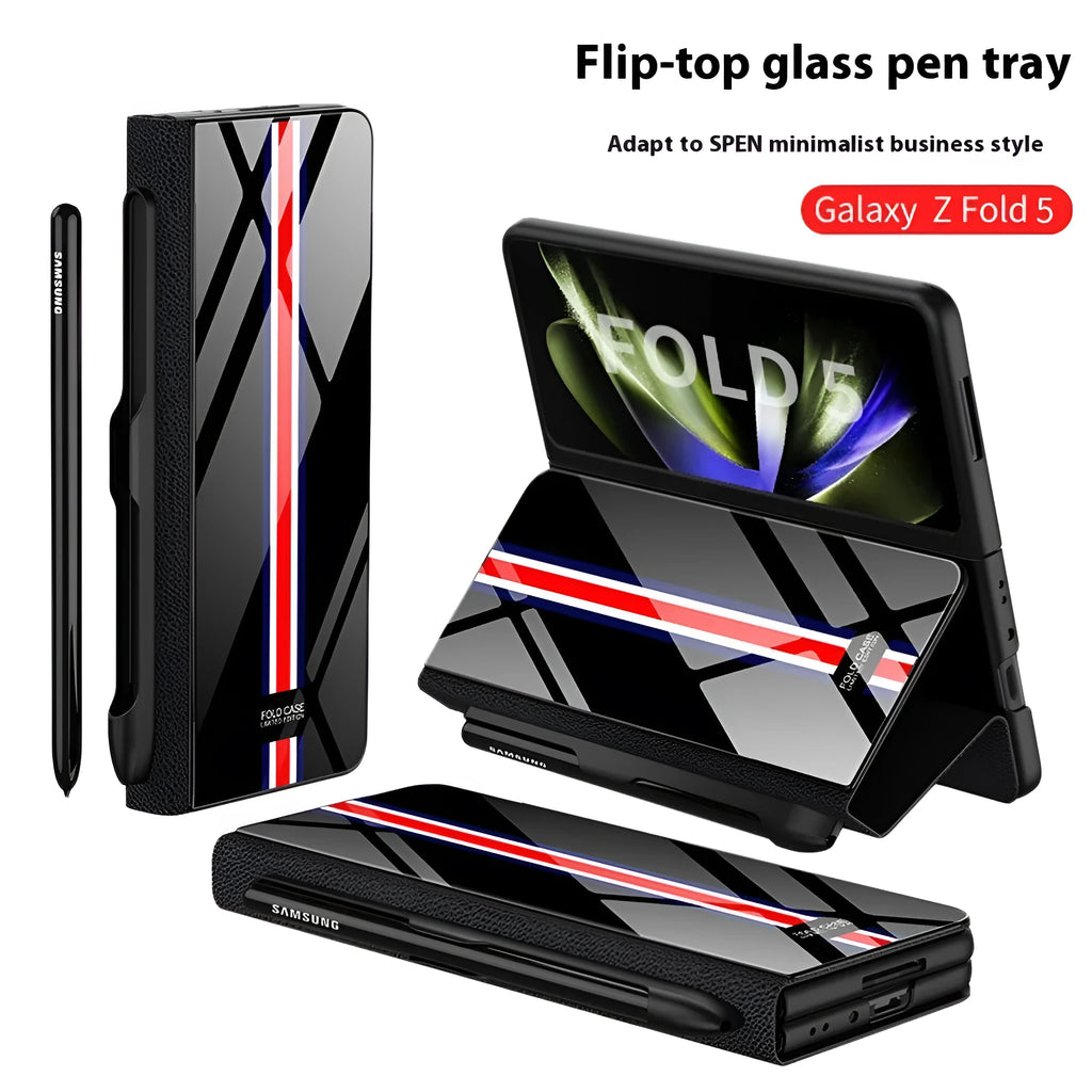 Samsung Galaxy Z Fold5 flip phone case in black camouflage pattern with imitation leather finish