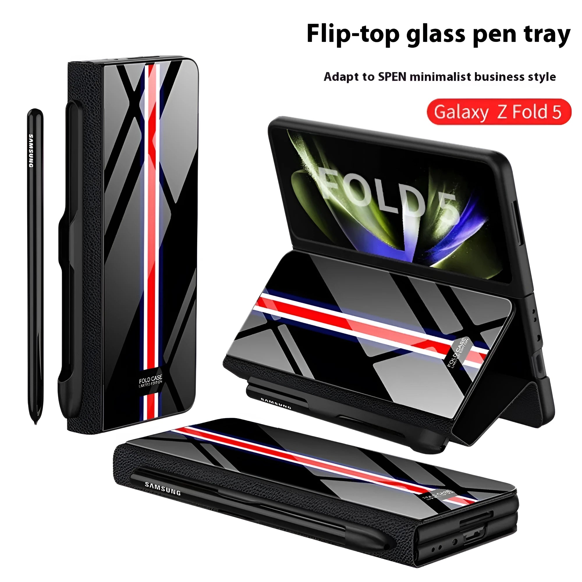 Samsung Galaxy Z Fold5 flip phone case in black camouflage pattern with imitation leather finish