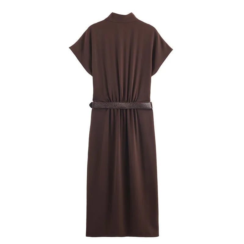 Belted hooded knitted dress in coffee stripe plaid with long sleeves and irregular pleated short skirt