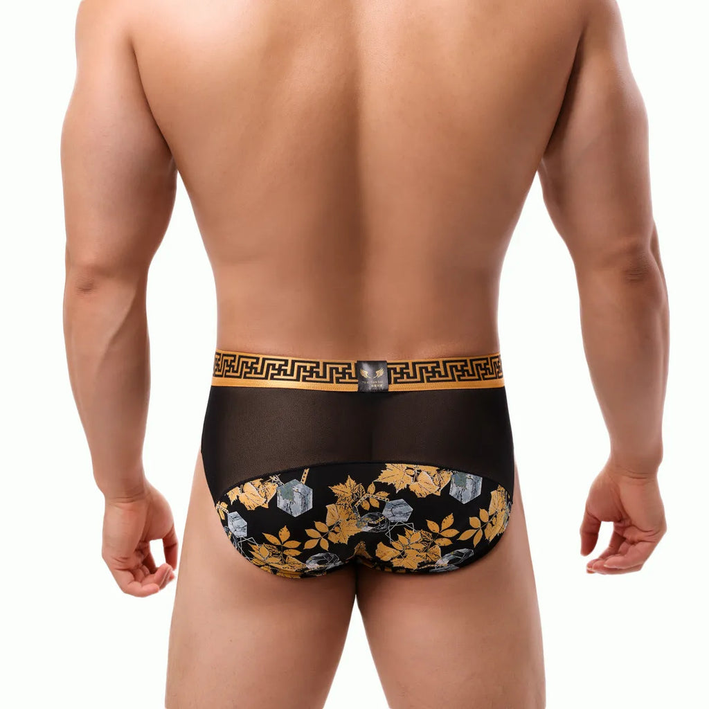 Men's mid waist nylon mesh briefs with floral and maple leaf print, breathable, sizes S-XXL