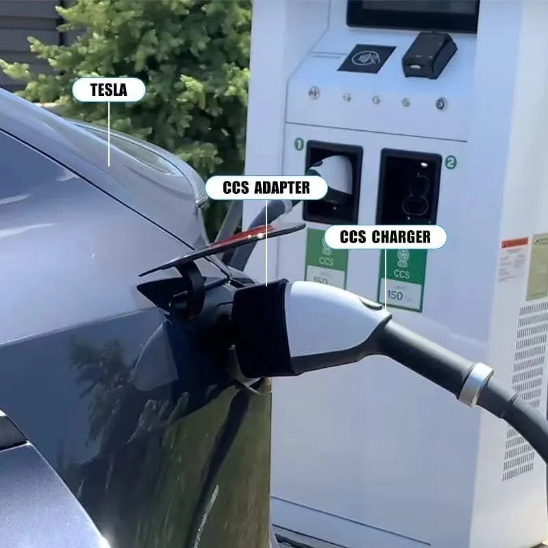 Black Tesla charging plug conversion adapter with American Standard connector, showing dimensions.