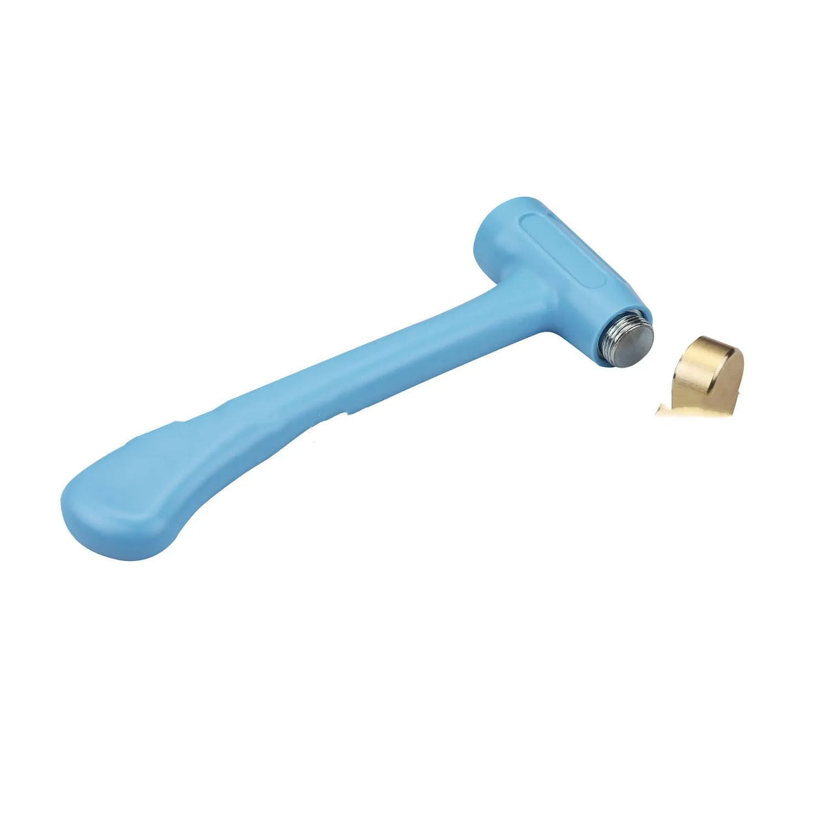 Blue handmade steel stamped copper head hammer weighing 0.47 kg on a neutral background