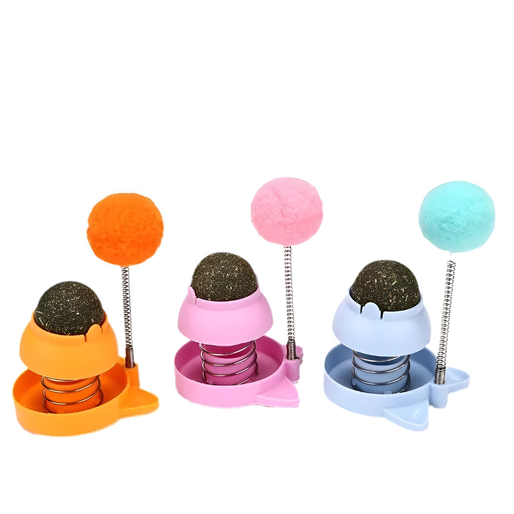 Blue cat toy ball with mint centre for dental grinding and hairball relief