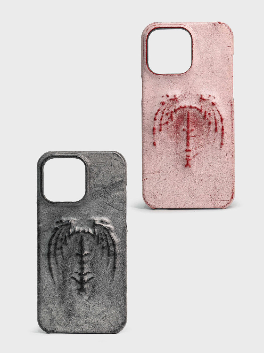 Retro gothic vampire bat wing embossed dark style cowhide leather phone case for iPhone, red and gray-black
