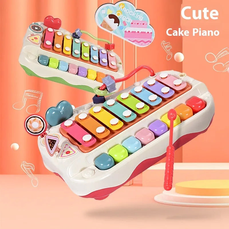 Educational eight-tone toy piano baby xylophone in coral red plastic with keys and mallets for infants