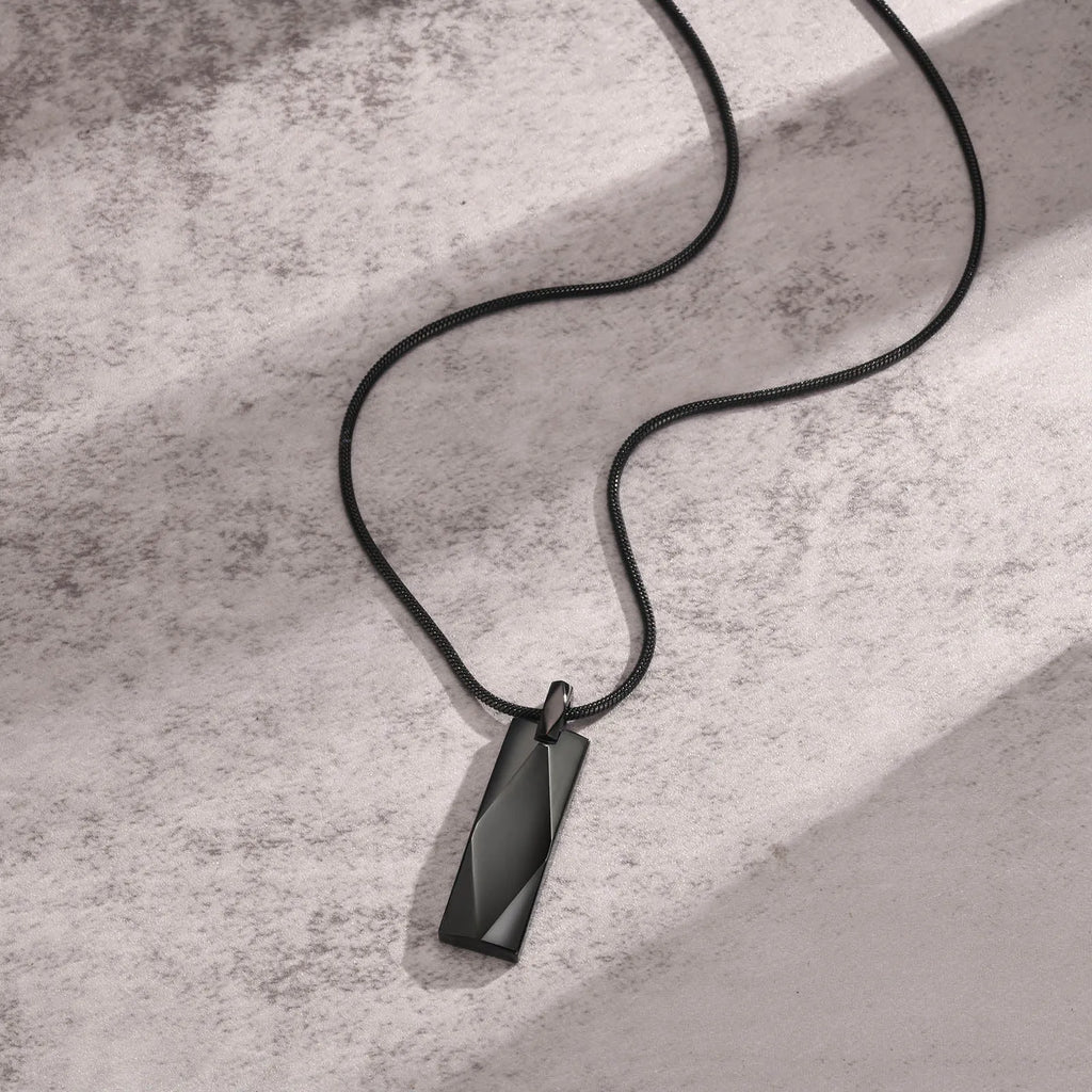 Stainless steel rectangular three-dimensional diamond geometric necklace in steel or black with chain