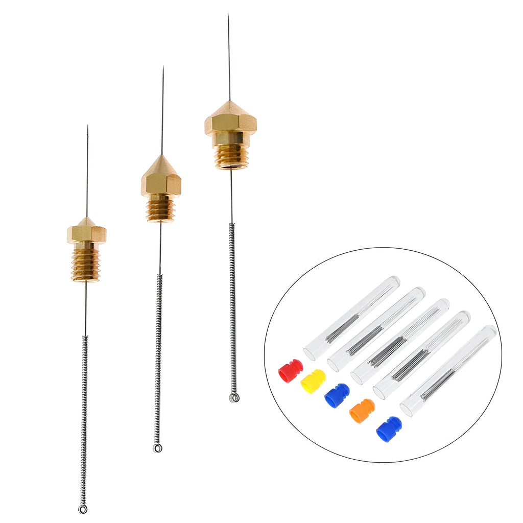 Ten steel cleaning needles for 3D printer nozzles with MK8 and E3D compatibility in five diameter sizes