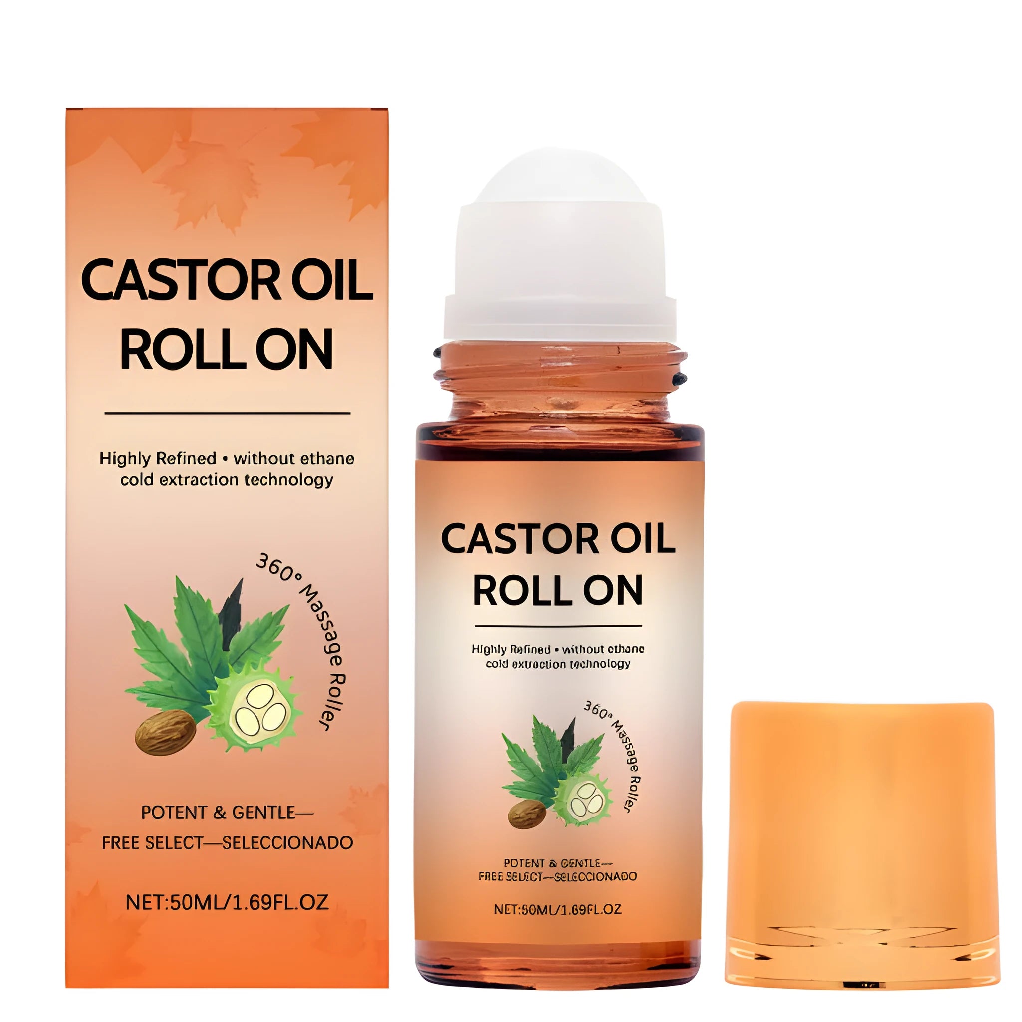 Castor Oil Soothes Ball Bearings 50ml skin care roller ball with rose oil and vitamin E for dry skin relief.