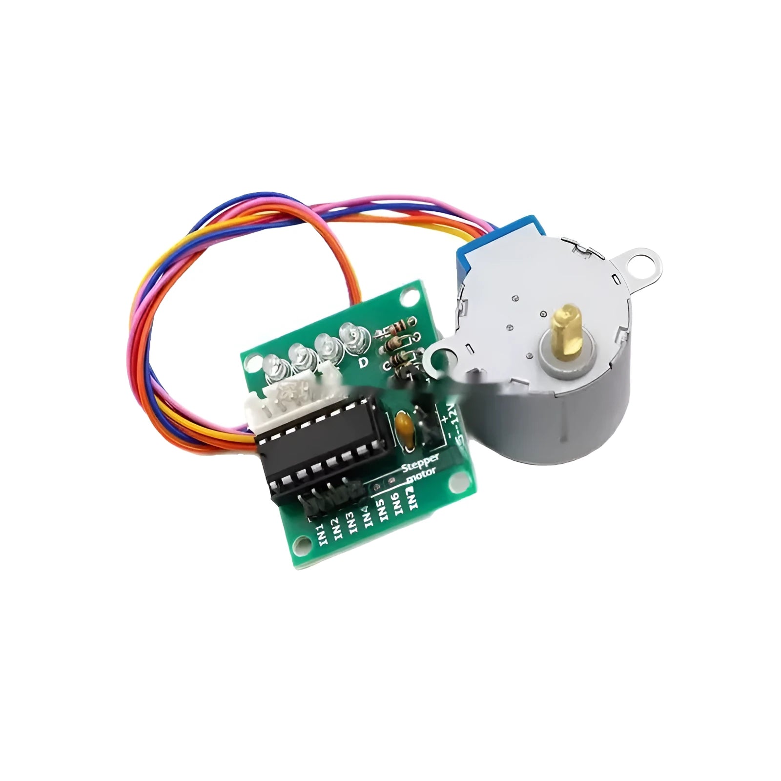 28BYJ4 stepper motor connected to ULN2003 driver board on flat surface with visible wiring