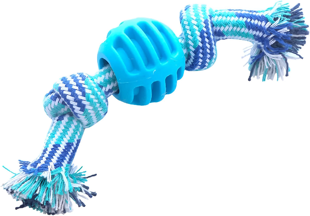 Blue dog chew toy with rope texture for cleaning teeth and protecting oral health.
