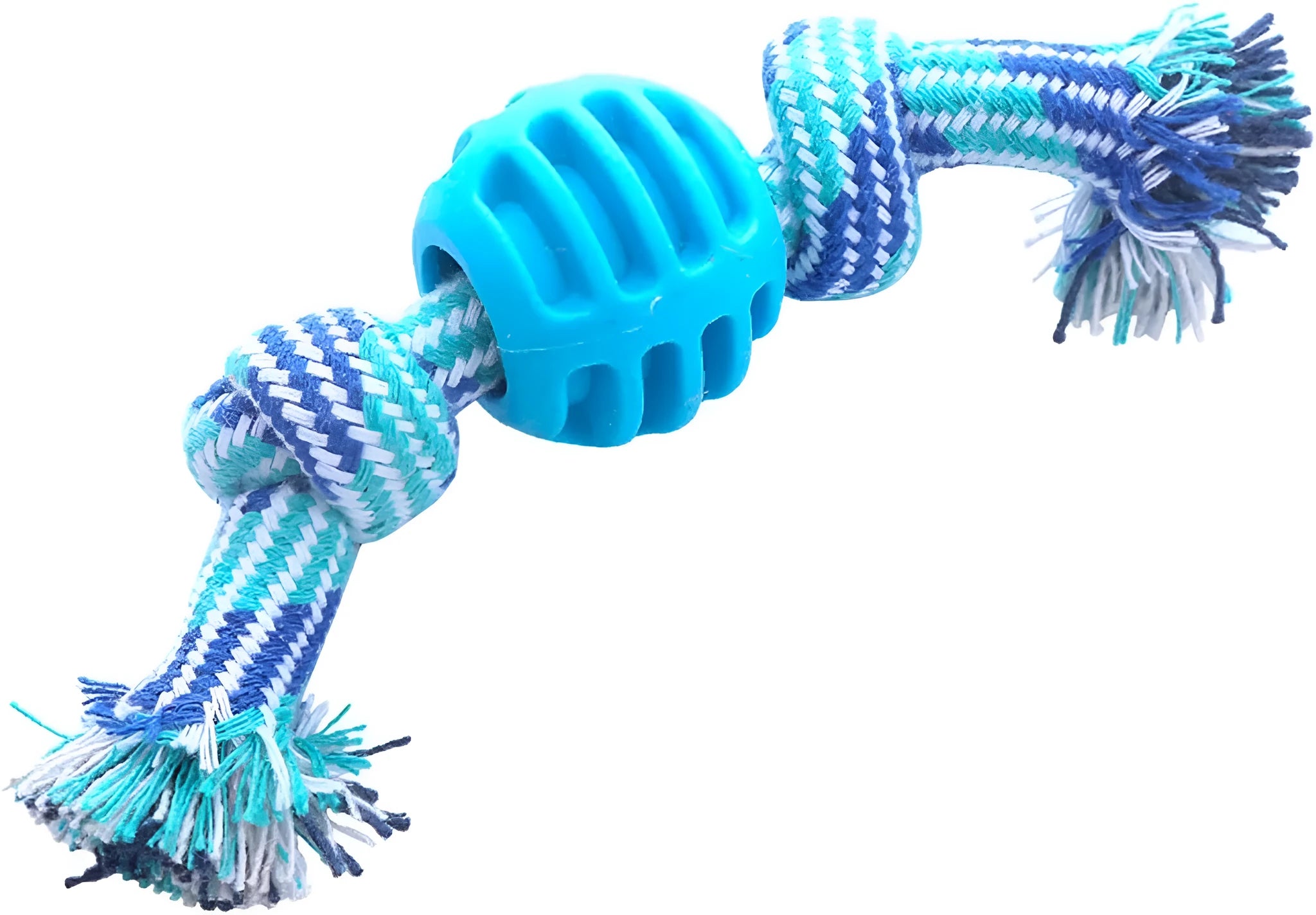 Blue dog chew toy with rope texture for cleaning teeth and protecting oral health.