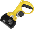 Black ABS plastic pet pooper scooper with integrated trash bag holder and carrying hook.