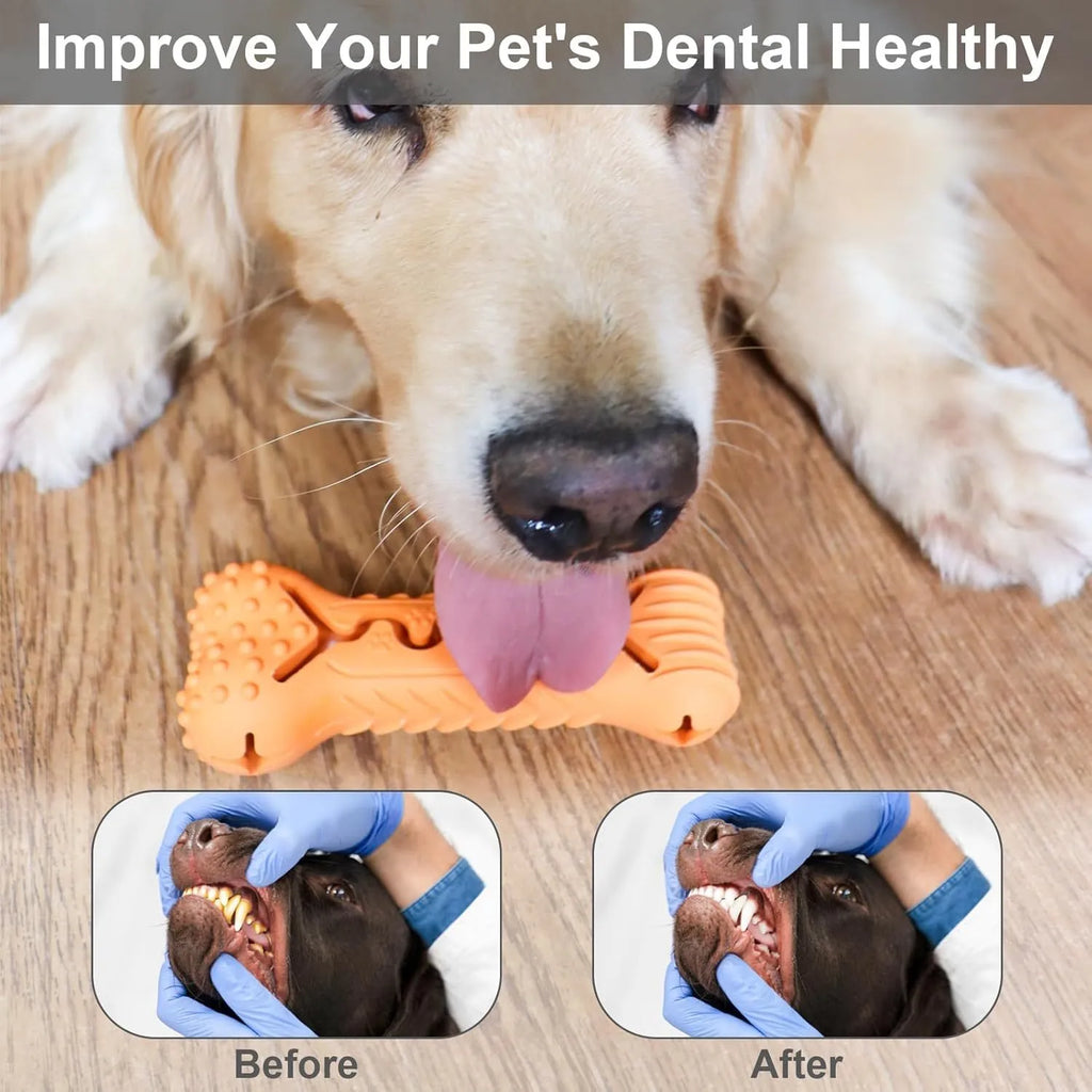 Blue natural rubber bone-shaped dog chew toy on a plain background