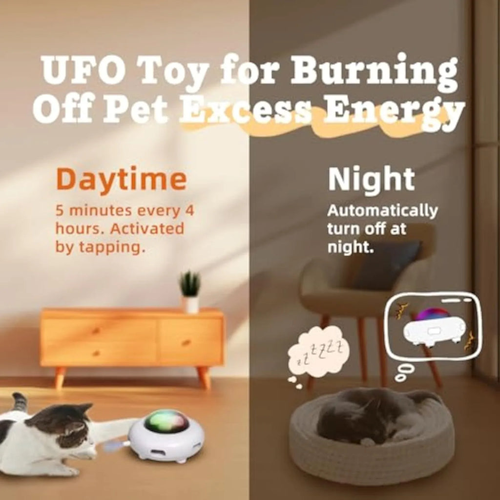 White UFO-shaped interactive cat toy with colourful feathers and LED lights for indoor feline enrichment