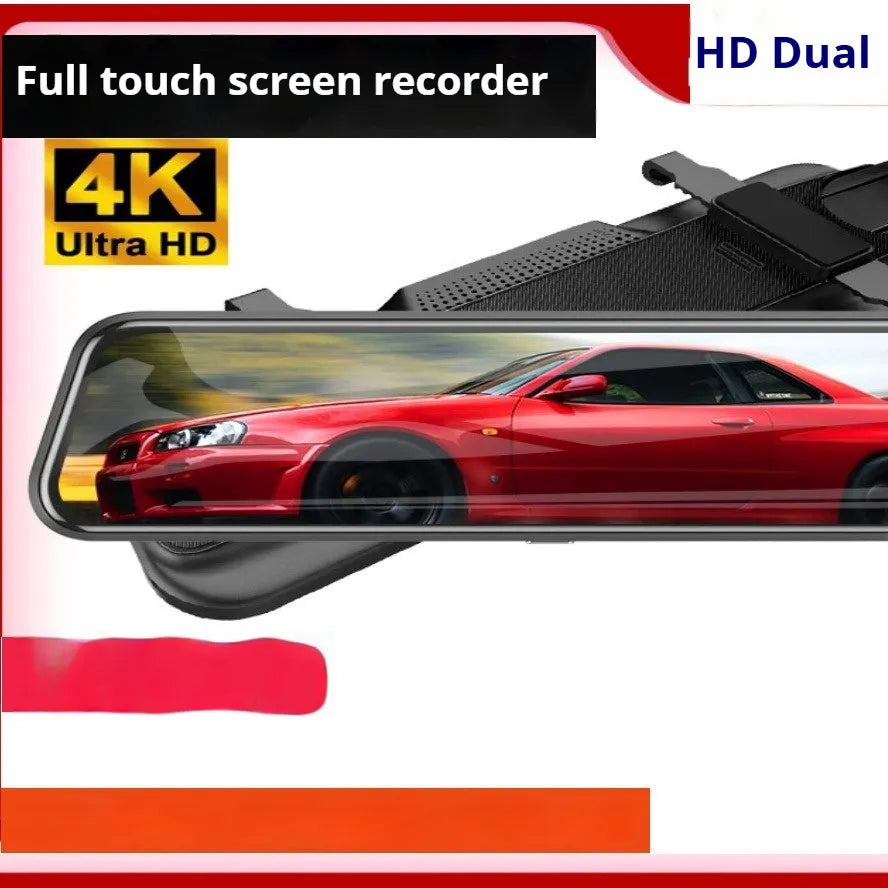 HD 1080p dual lens rearview mirror recorder with 9.66 inch touch screen mounted in car showing front video