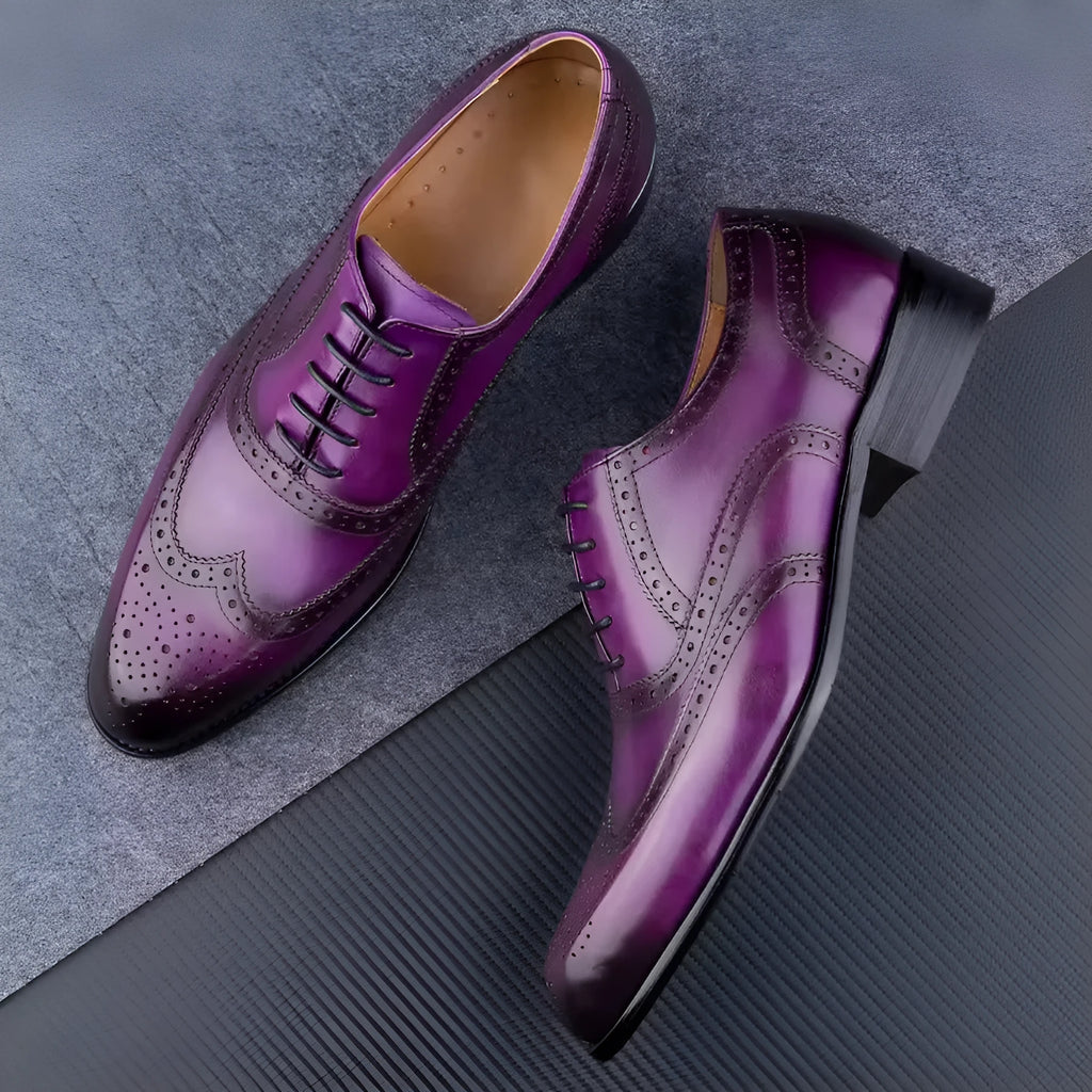 Men's purple hand-carved oxford shoes with pointed toe and rubber sole