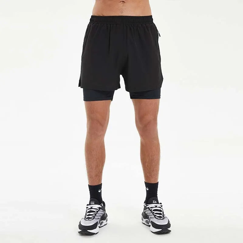 Men's double-layer sports shorts in black colour with mid-waist design for running activities