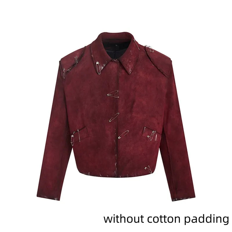 Red men's quilted jacket with decorative flocking pins and lapel collar in loose-fit style