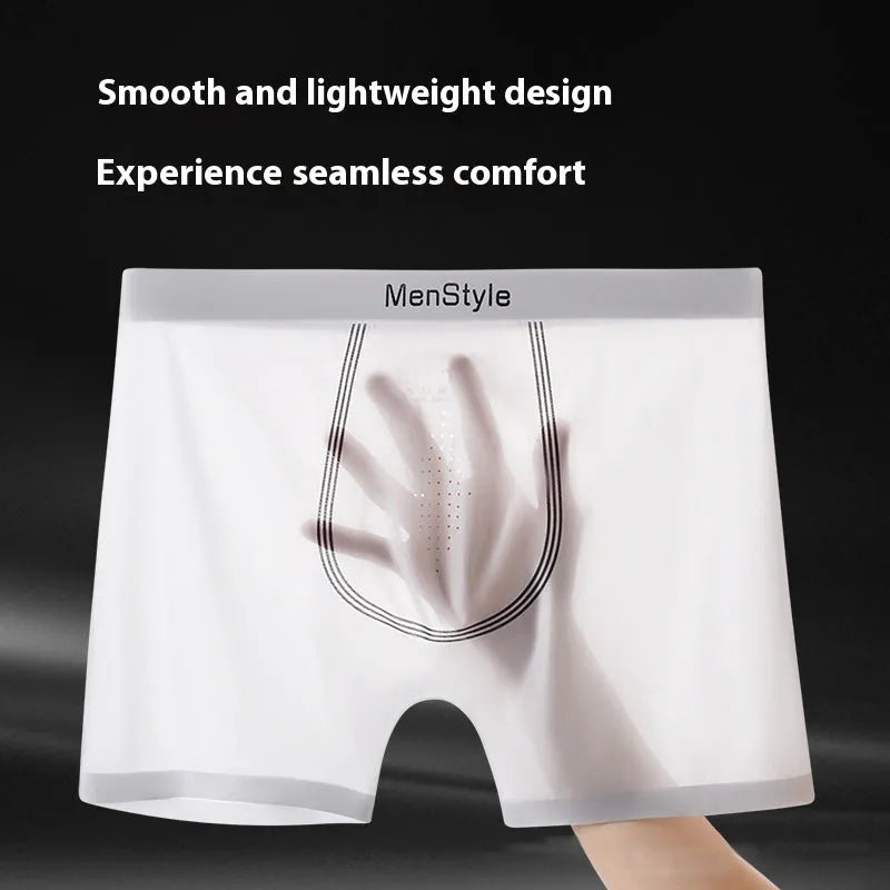 Men's seamless ice silk boxers in dark grey colour showing mid-waist and single-layer design.