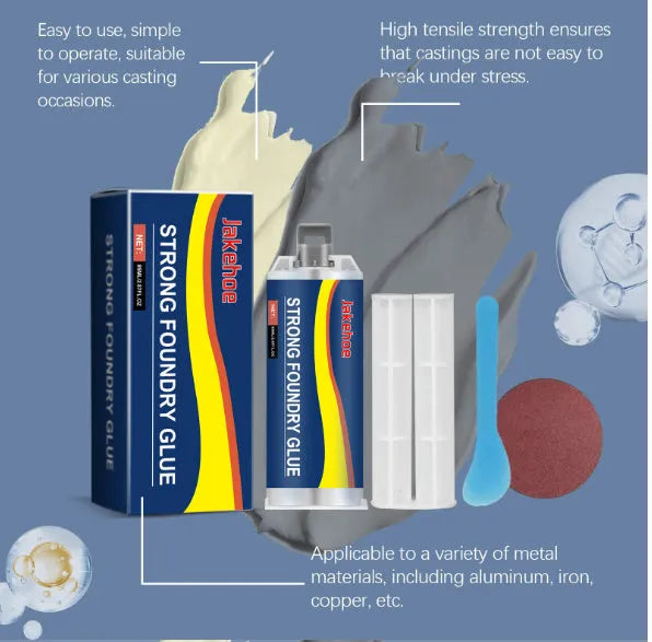 85ml two-part epoxy metal casting glue sealant kit with resin, hardener, push rod, scraper, and sandpaper.