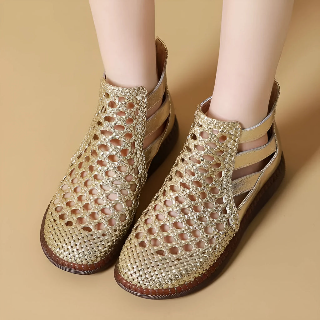 Women's gold hollow-out sandals with middle-top height and round toe design